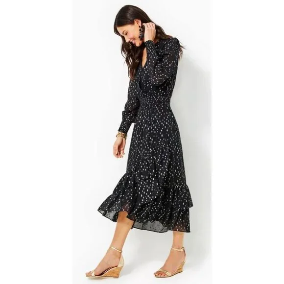 Lilly Pulitzer Cristiana Black Gold Dot Midi Dress Size 2 New With tag - Picture 2 of 8